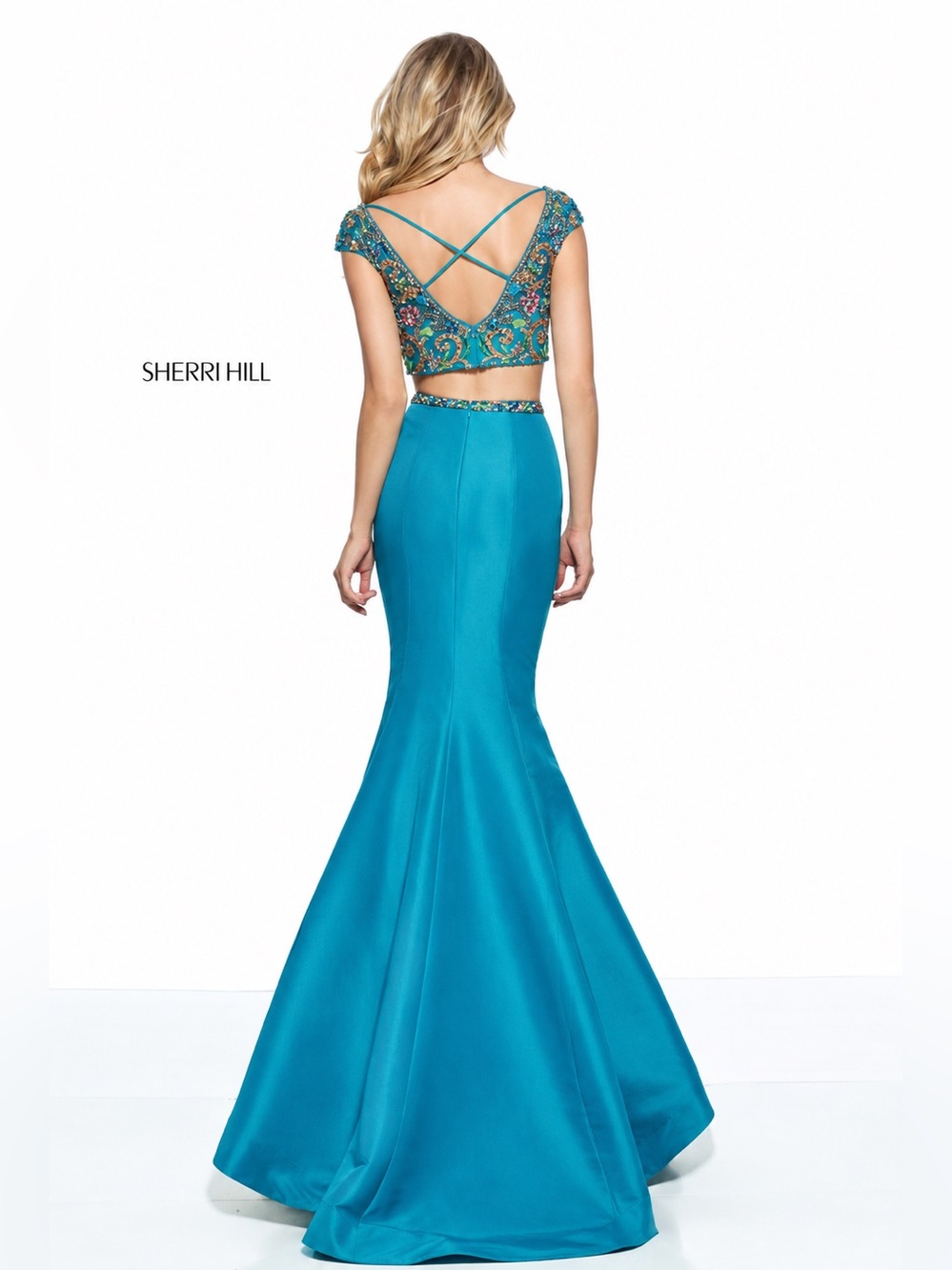 NWT $650 Sherri Hill Turquoise Beaded Two-Piece Prom Gown Dress Maxi 51167 - Picture 4 of 5